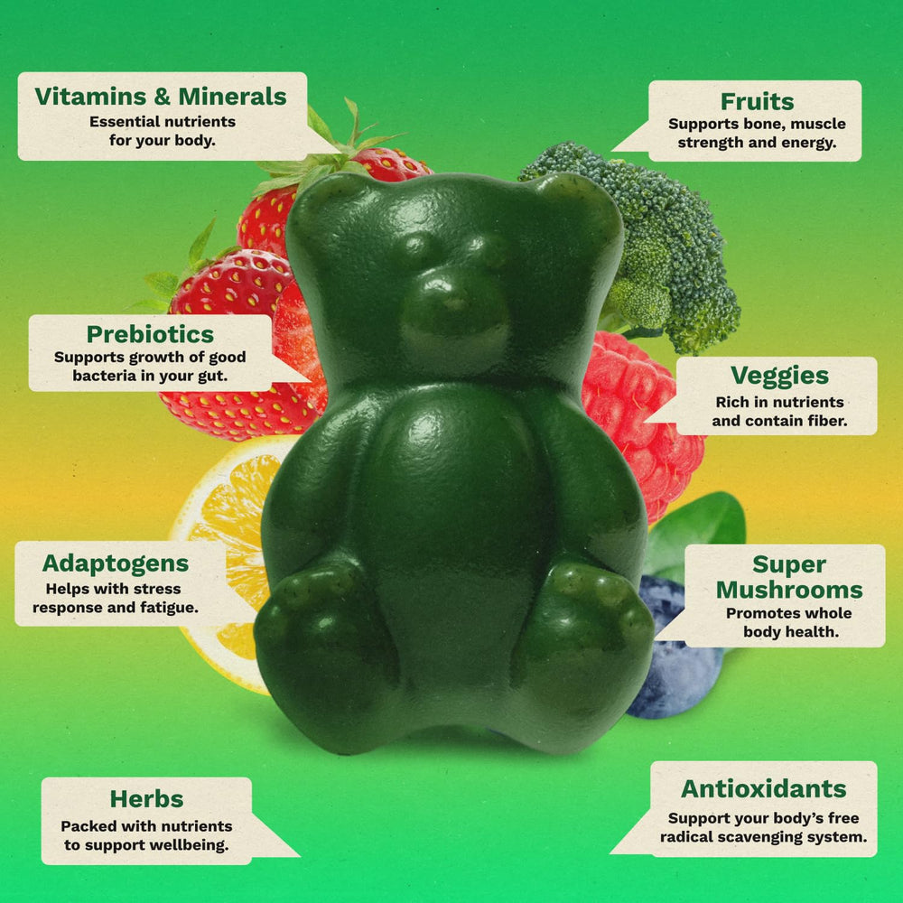 Grüns etiqueta con información nutricional y lista de vitaminas