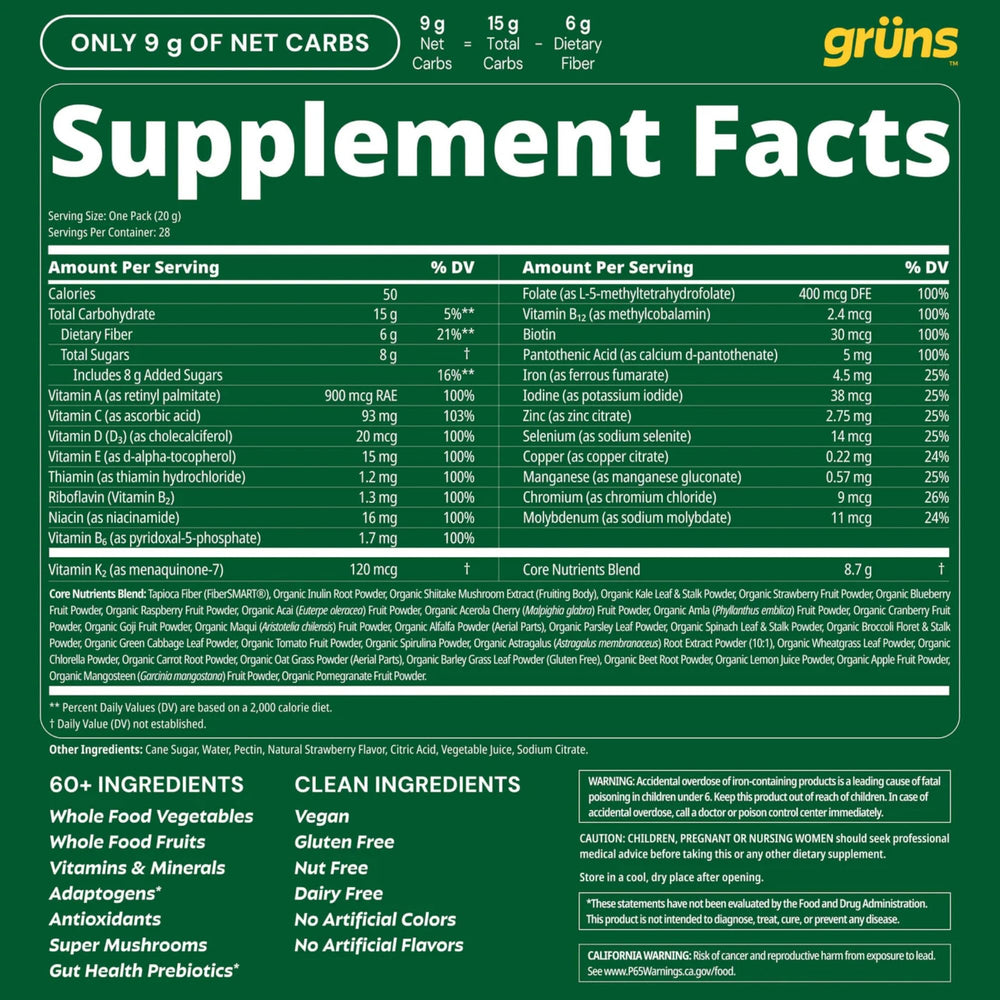 Detalle de etiqueta nutricional Grüns mostrando vitaminas y minerales