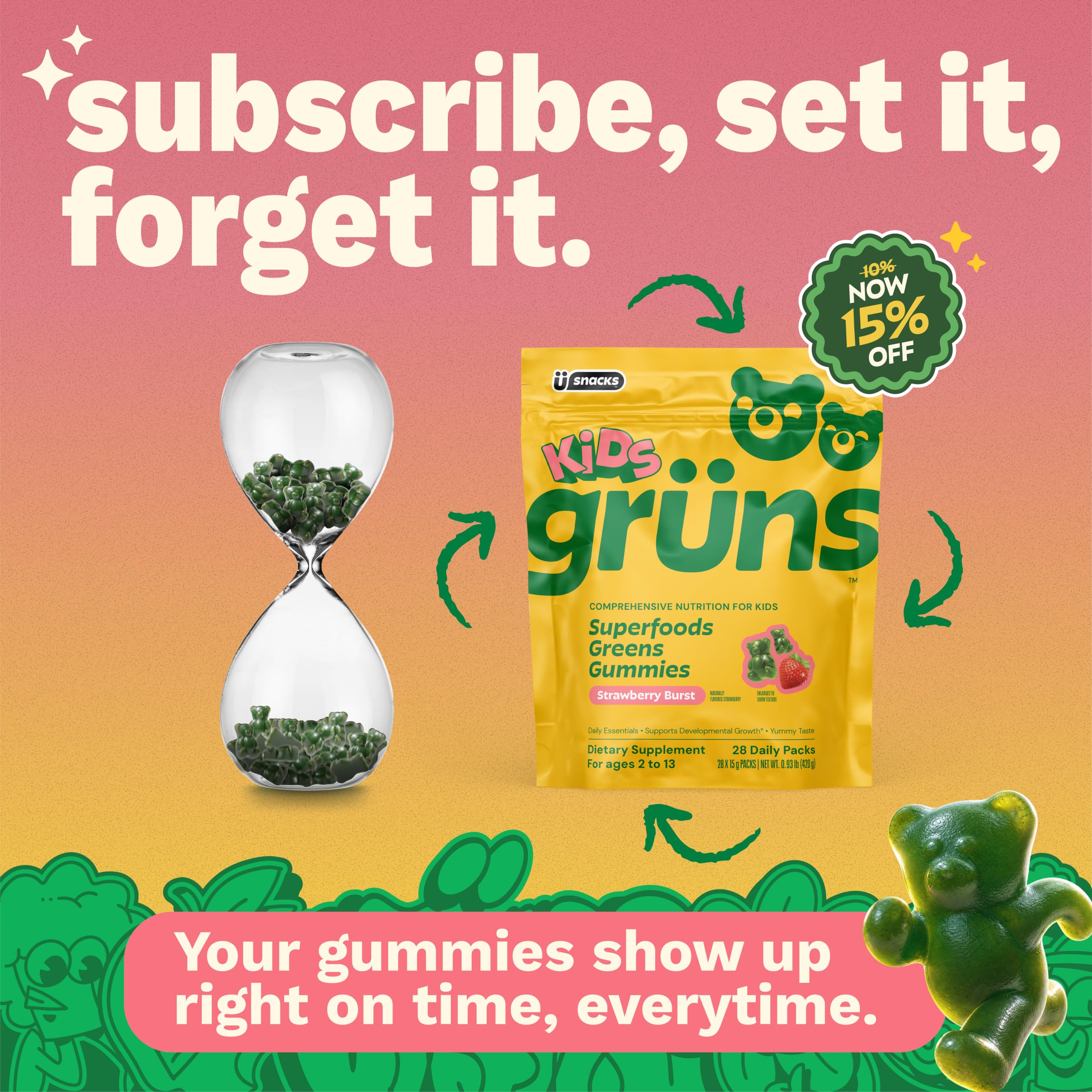 Grüns gomitas textura y color fresa/verde, atractivo para niños