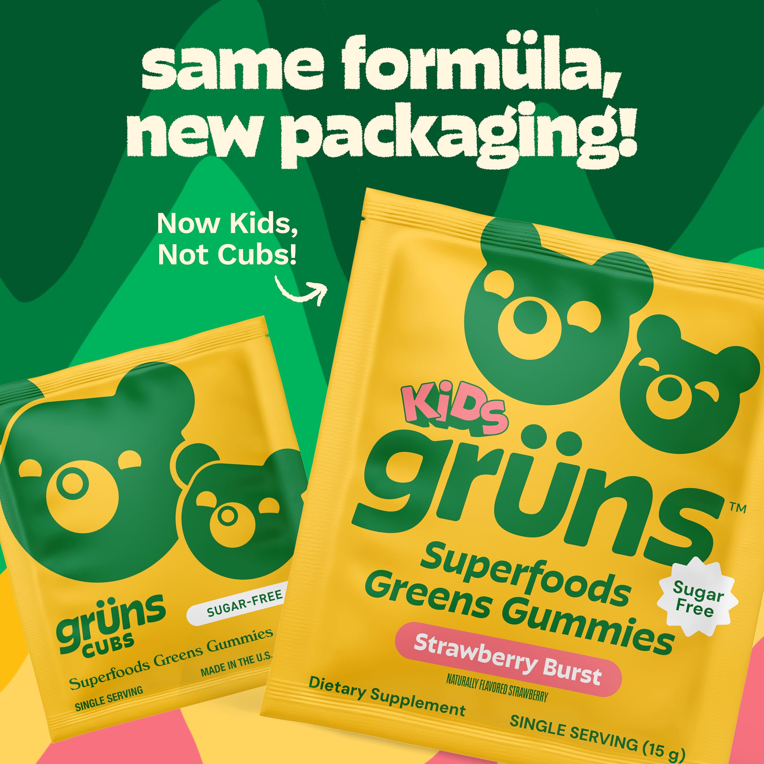 Grüns gummy close-up texture showing soft chew and appealing strawberry-green flavor