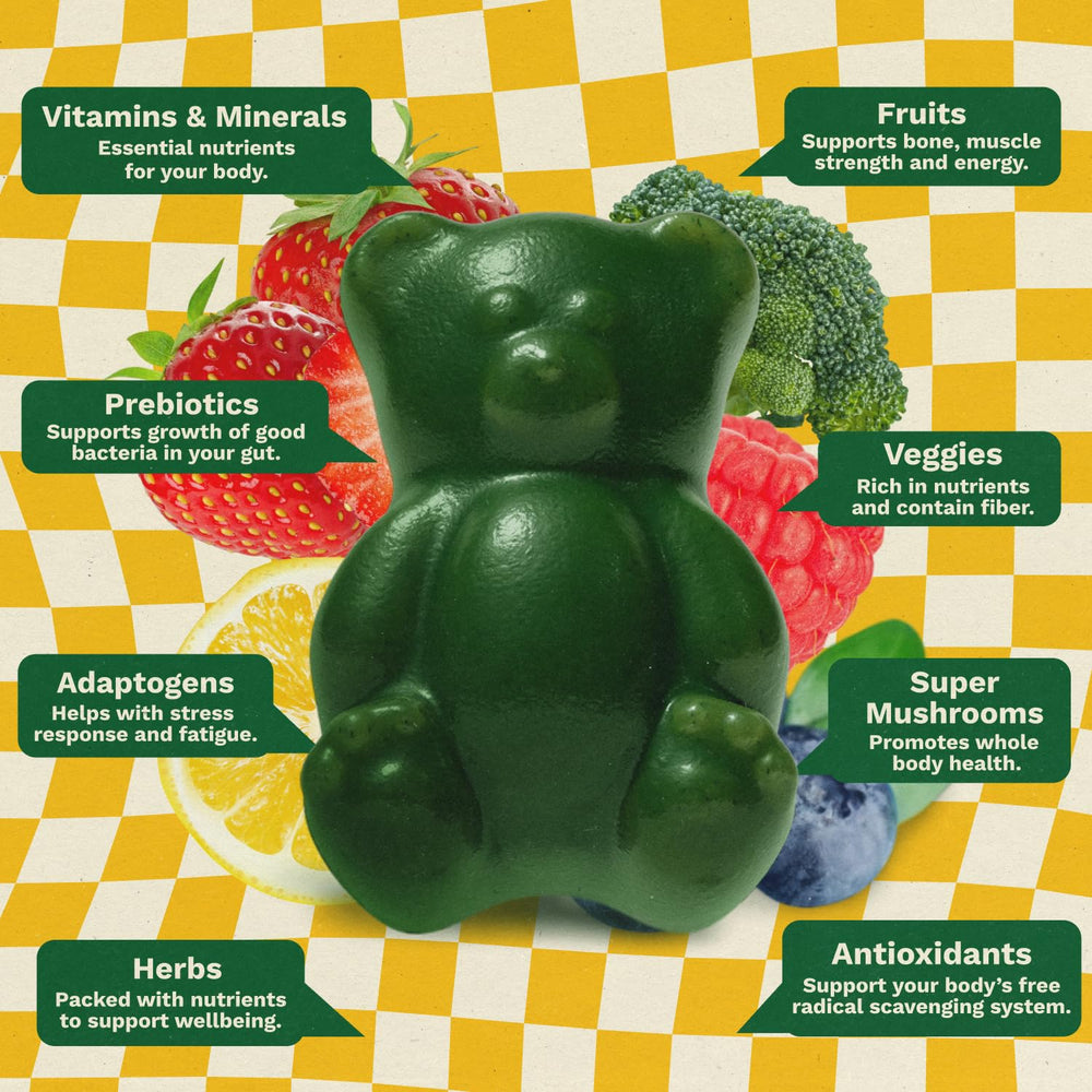 Grüns label with ingredients and vitamins visible to confirm whole-food nutrition