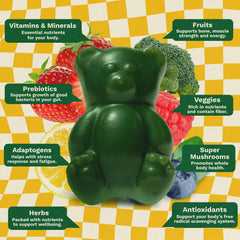 Grüns label with ingredients and vitamins visible to confirm whole-food nutrition