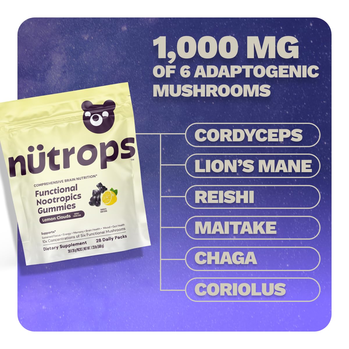 Grüns etiqueta con ingredientes de hongos y transparencia nutrimental