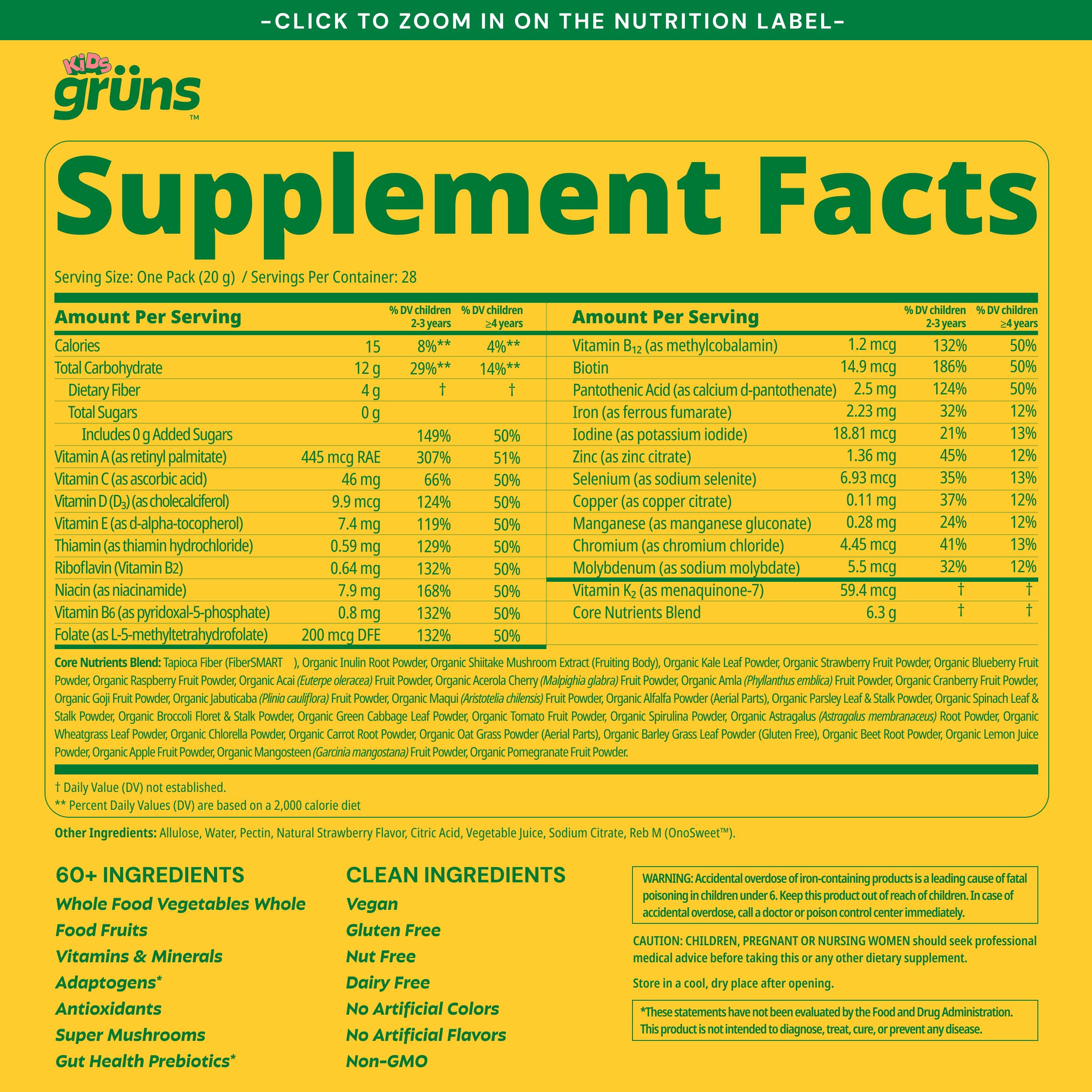 Grüns mezcla de supergreens y frutas enteras, nutrición vegetal concentrada