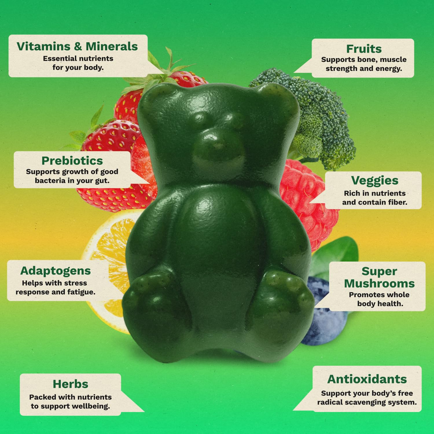 Etiqueta de ingredientes vegetales Grüns destacando vitaminas y prebióticos
