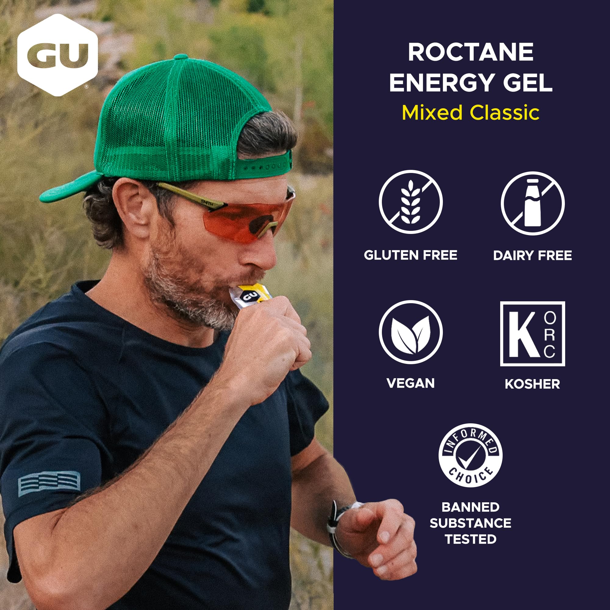 GU Energy sobre abierto en mano listo para consumir durante entrenamiento intenso
