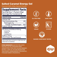 GU Energy etiqueta nutricional resaltando 100 kcal y 450 mg BCAA