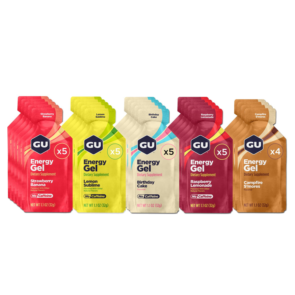 GU Energy frente del empaque mostrando variedad y conveniencia