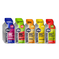 GU Energy frente del paquete mostrando 24 sobres y conveniencia para carreras