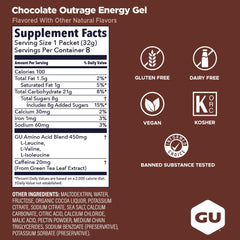 GU Energy gel Chocolate Outrage detalle de etiqueta que destaca carbohidratos y BCAA