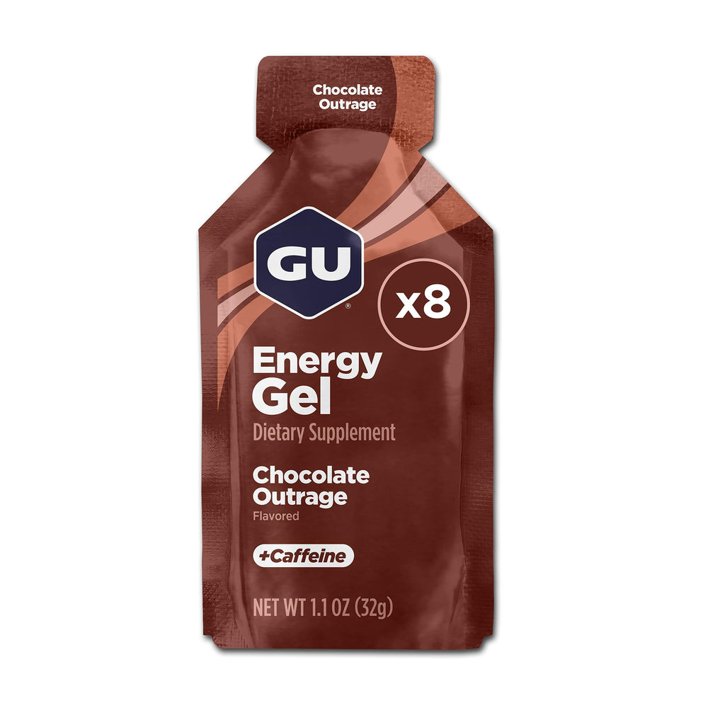 GU Energy gel Chocolate Outrage frontal del sobre mostrando la marca y beneficio de energía rápida