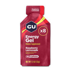 GU Energy gel frente del paquete mostrando 8 sobres, conveniente para entrenar