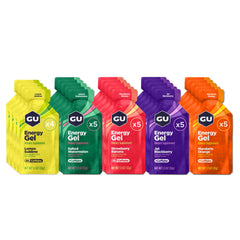 GU Energy gel frontal paquete múltiple mostrando variedad de sabores y portabilidad