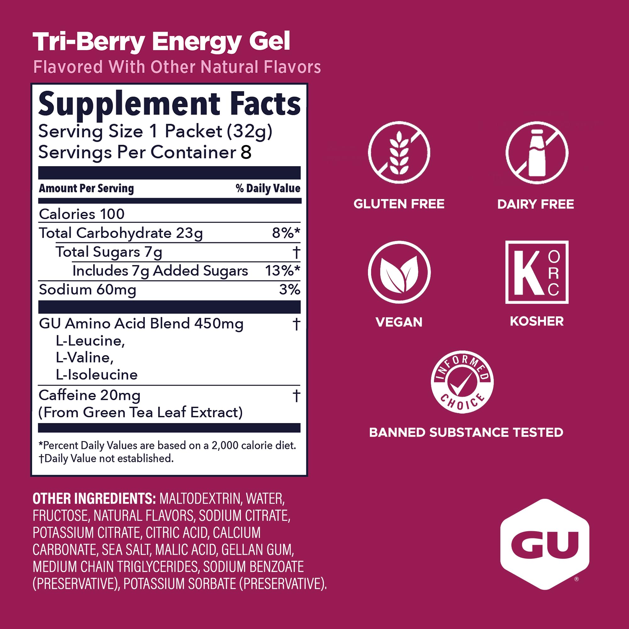 GU Energy gel Tri-Berry etiqueta con ingredientes y electrolitos destacados