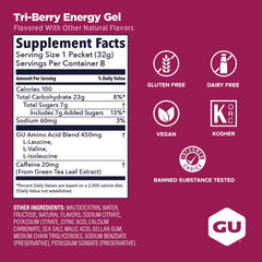 GU Energy gel Tri-Berry etiqueta con ingredientes y electrolitos destacados