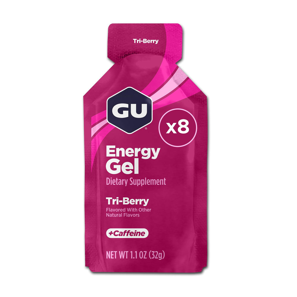 GU Energy gel Tri-Berry frente del empaque mostrando sabor y beneficios