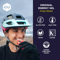 GU Energy gel tomado durante carrera para energía inmediata en ejercicio