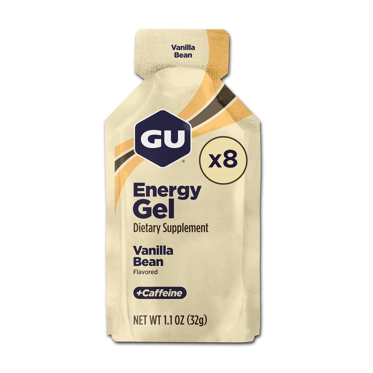 GU Energy paquete frontal mostrando gel vainilla y beneficios energéticos