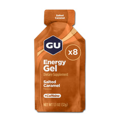 GU Energy paquete frontal mostrando sabor salted caramel y diseño compacto