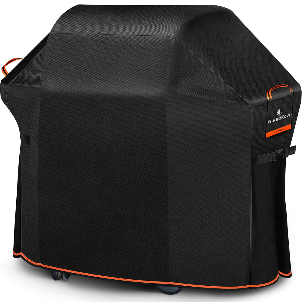 GuardKove vista frontal de la funda 58" protegiendo parrilla y evitando lluvia