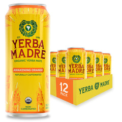 Guayaki Yerba Madre frontal de la lata mostrando diseño y tamaño práctico