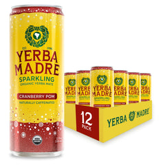 Guayaki Yerba Madre lata frente mostrando diseño y sabor cranberry pom