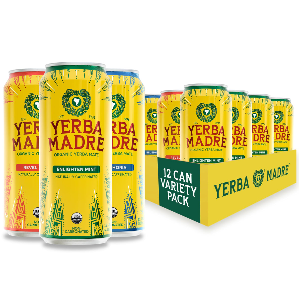 Guayaki pack frontal mostrando las 12 latas para variedad y conveniencia