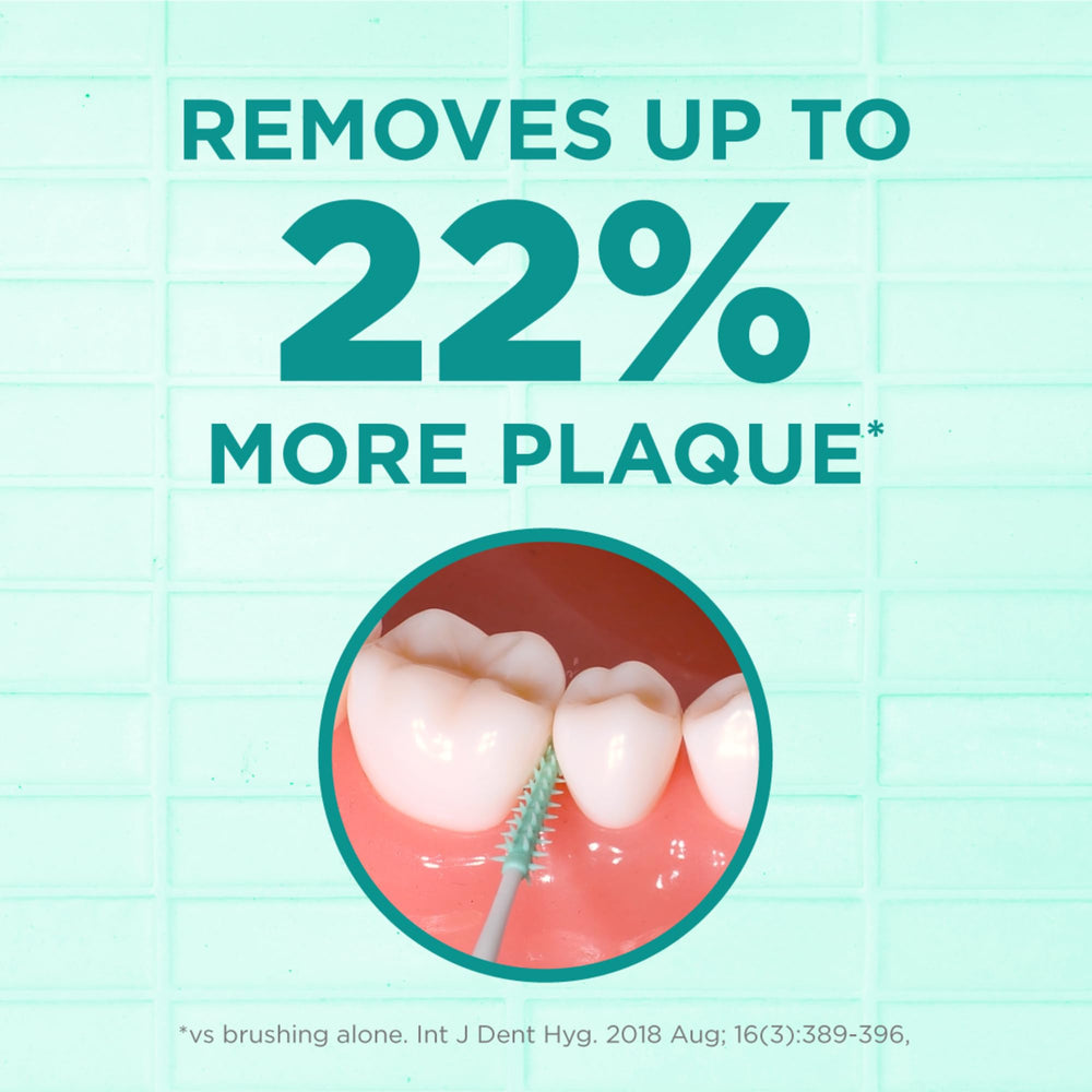 Gum soft pick mostrando el palillo y cerdas, limpieza interdental eficaz