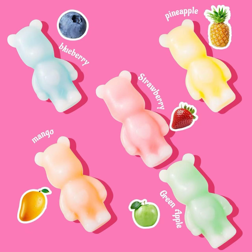 Gummy Glow primer plano de osito mostrando textura de cera y núcleo jugoso