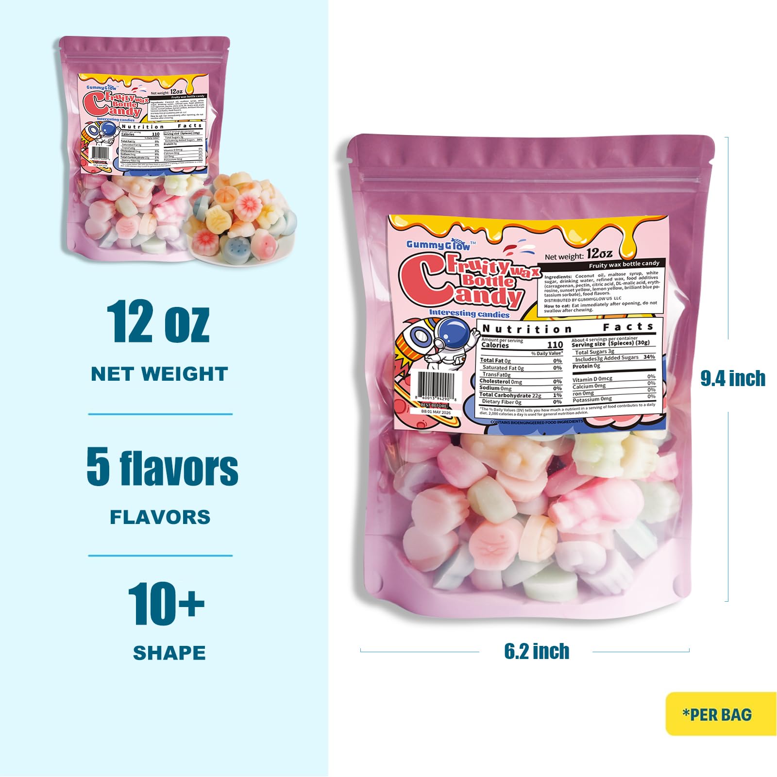 Gummy Glow piezas variadas apiladas que muestran colores y variedad de sabores