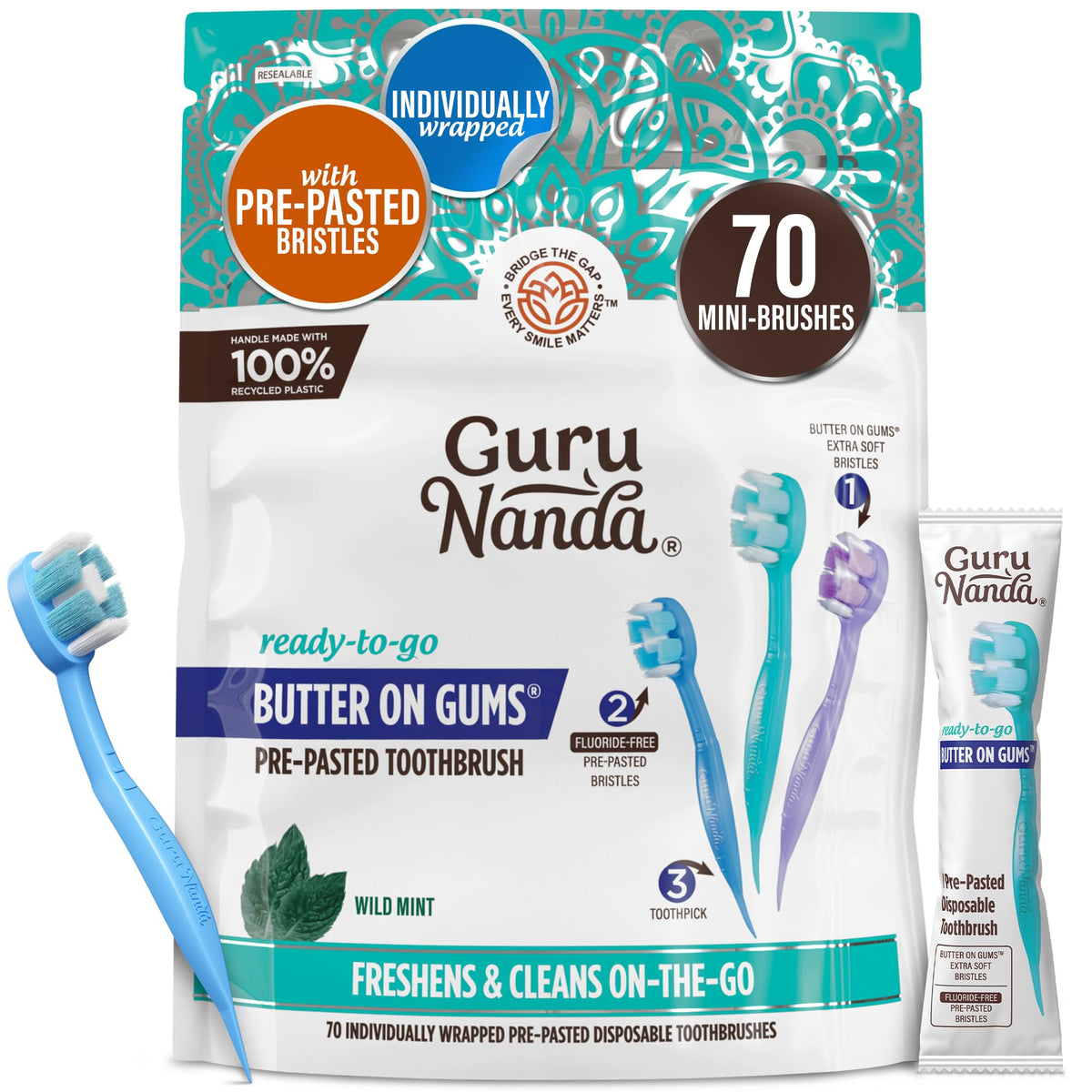 GuruNanda pack frontal de 70 cepillos de viaje mostrando embalaje compacto y práctico