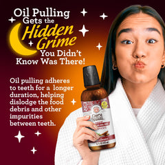 Persona usando GuruNanda enjuague bucal oil pulling mostrando rutina diaria