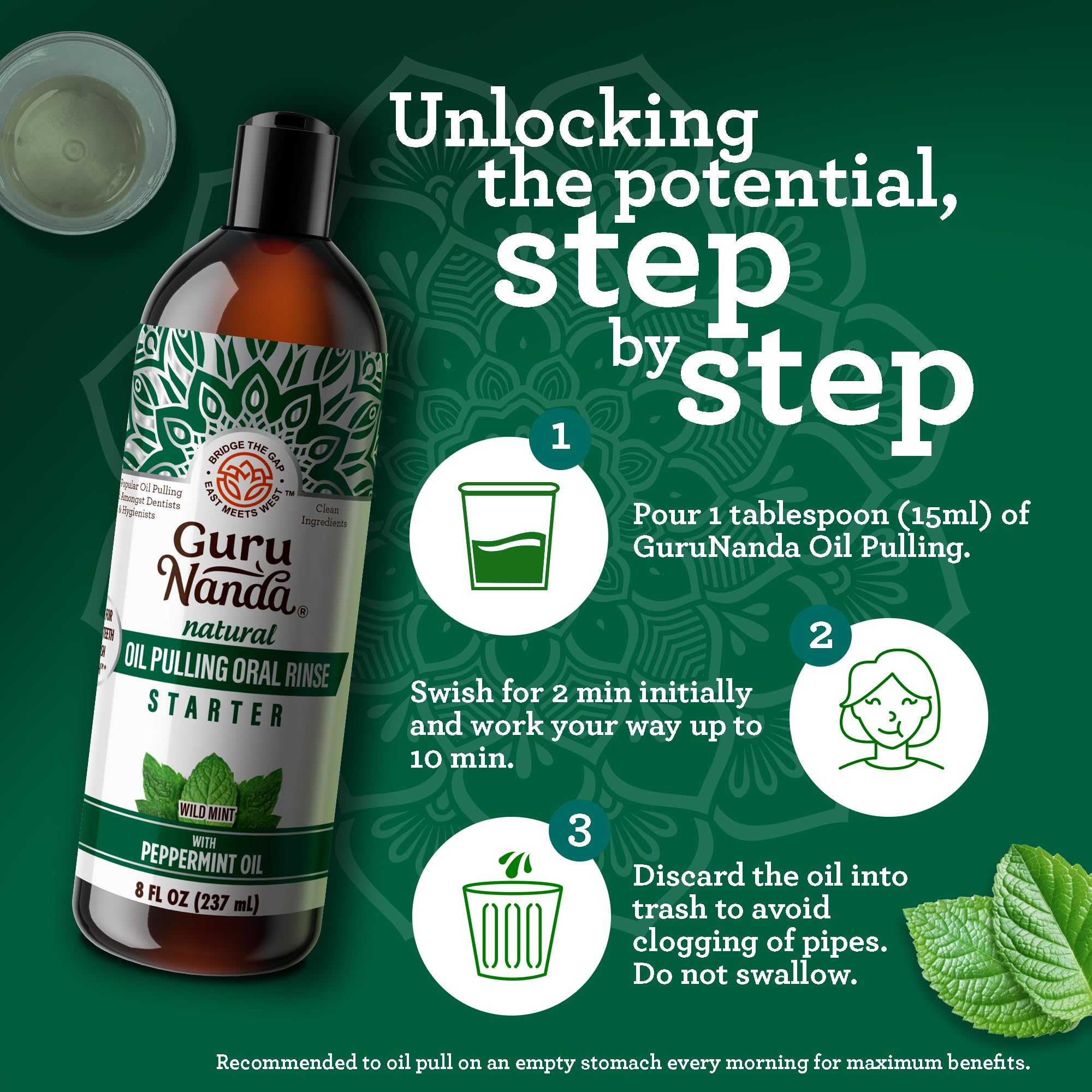 GuruNanda persona realizando oil pulling en baño, aliento fresco inmediato