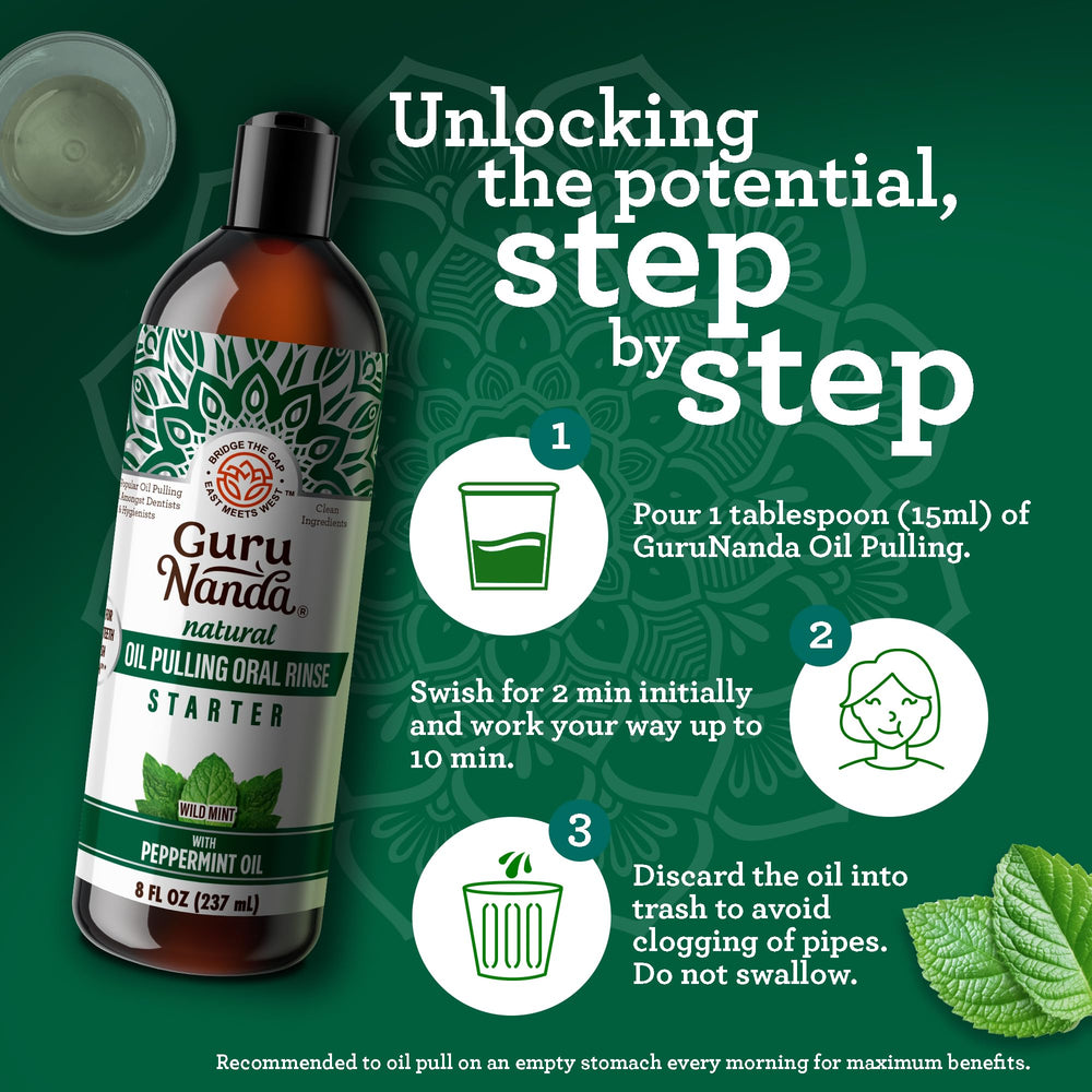 GuruNanda persona realizando oil pulling en baño, aliento fresco inmediato