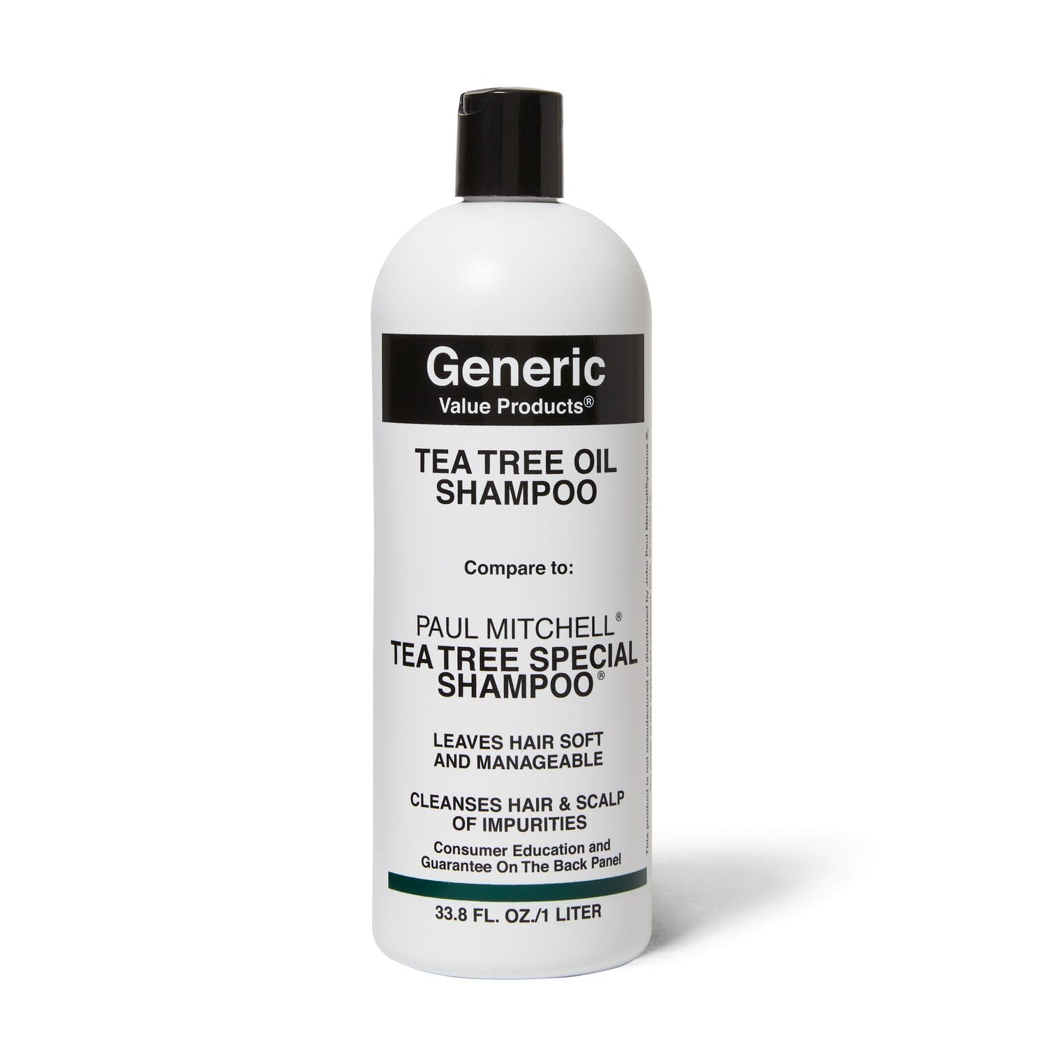 Generic Value Products envase frontal de champú con aceite de árbol de té mostrando tamaño 33.8 oz y beneficio shampoo duradero
