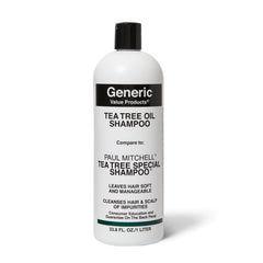 Generic Value Products envase frontal de champú con aceite de árbol de té mostrando tamaño 33.8 oz y beneficio shampoo duradero