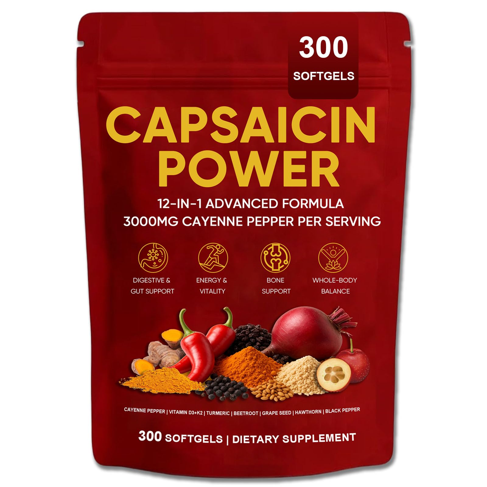 GXSAE envase frontal de Capsaicin Power mostrando 300 cápsulas y ventaja duración
