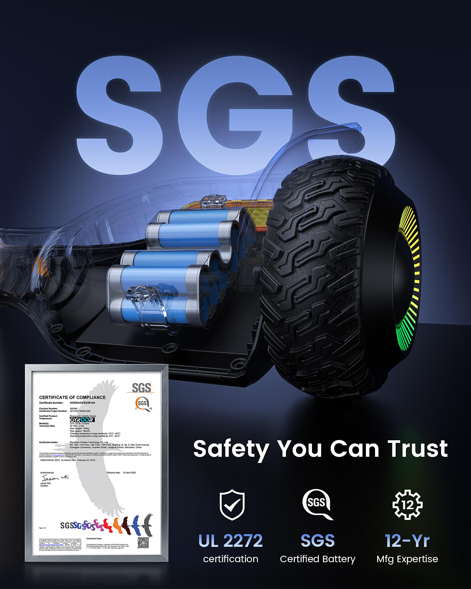Gyroor G13 etiqueta certificación UL2272 que aporta seguridad