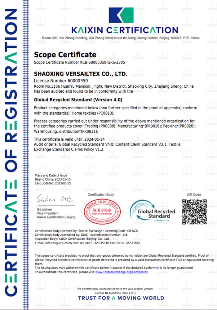 H.VERSAILTEX etiqueta con certificado GRS en la tela, materiales reciclados