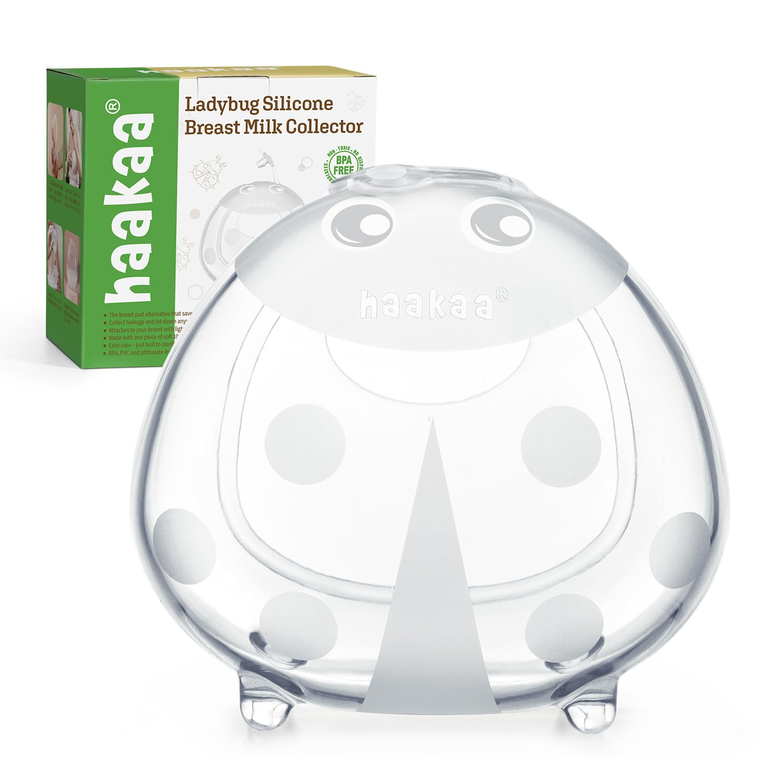 haakaa Ladybug vista frontal mostrando forma ergonómica y captura discreta