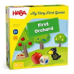HABA caja frontal del juego First Orchard mostrando componentes y colores vibrantes