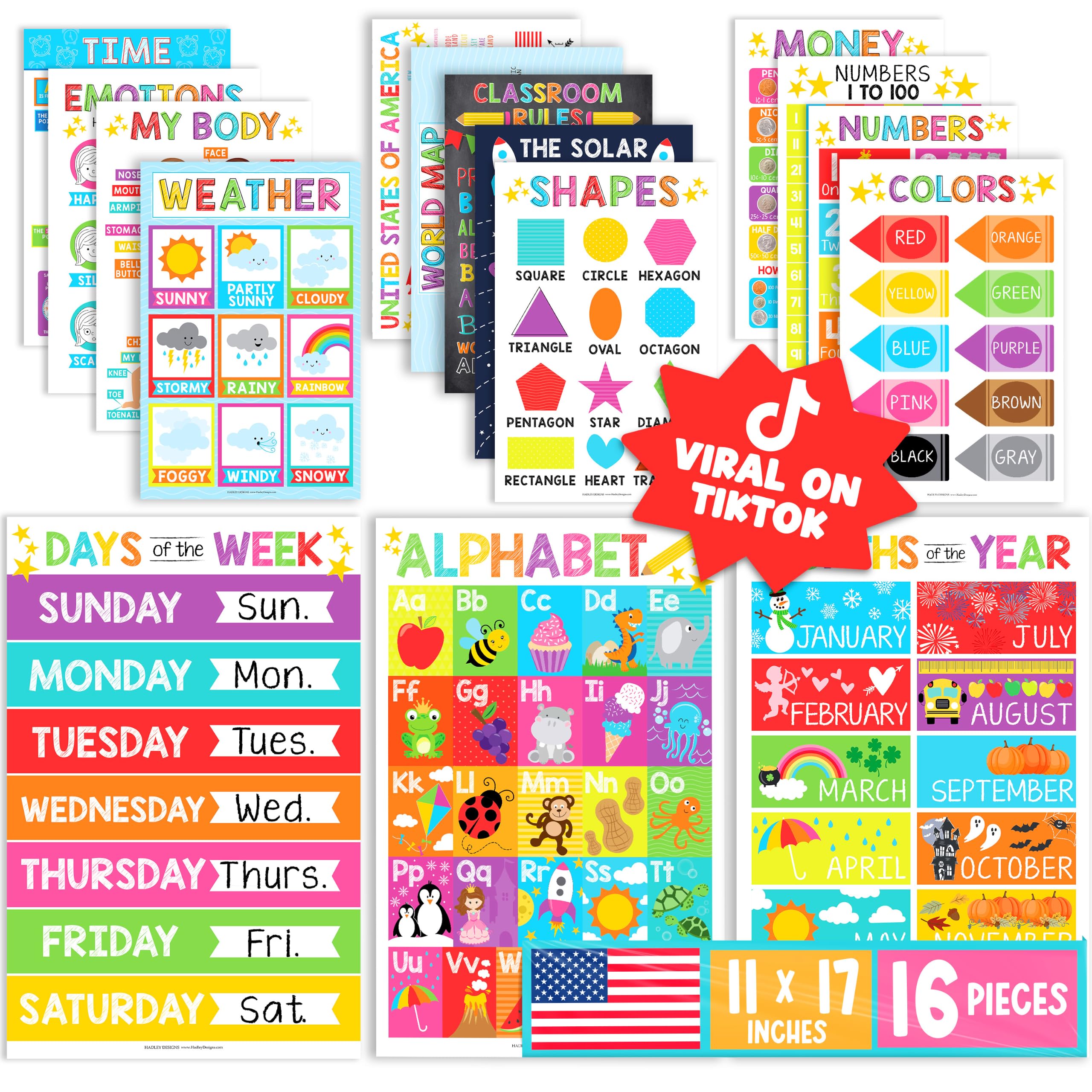 Hadley Designs paquete frontal con 16 pósters laminados, muestra durable