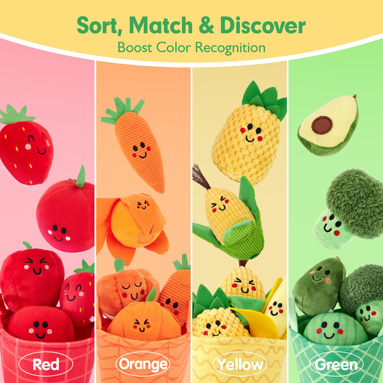 hahaland cuatro cestas con frutas para practicar clasificación y color