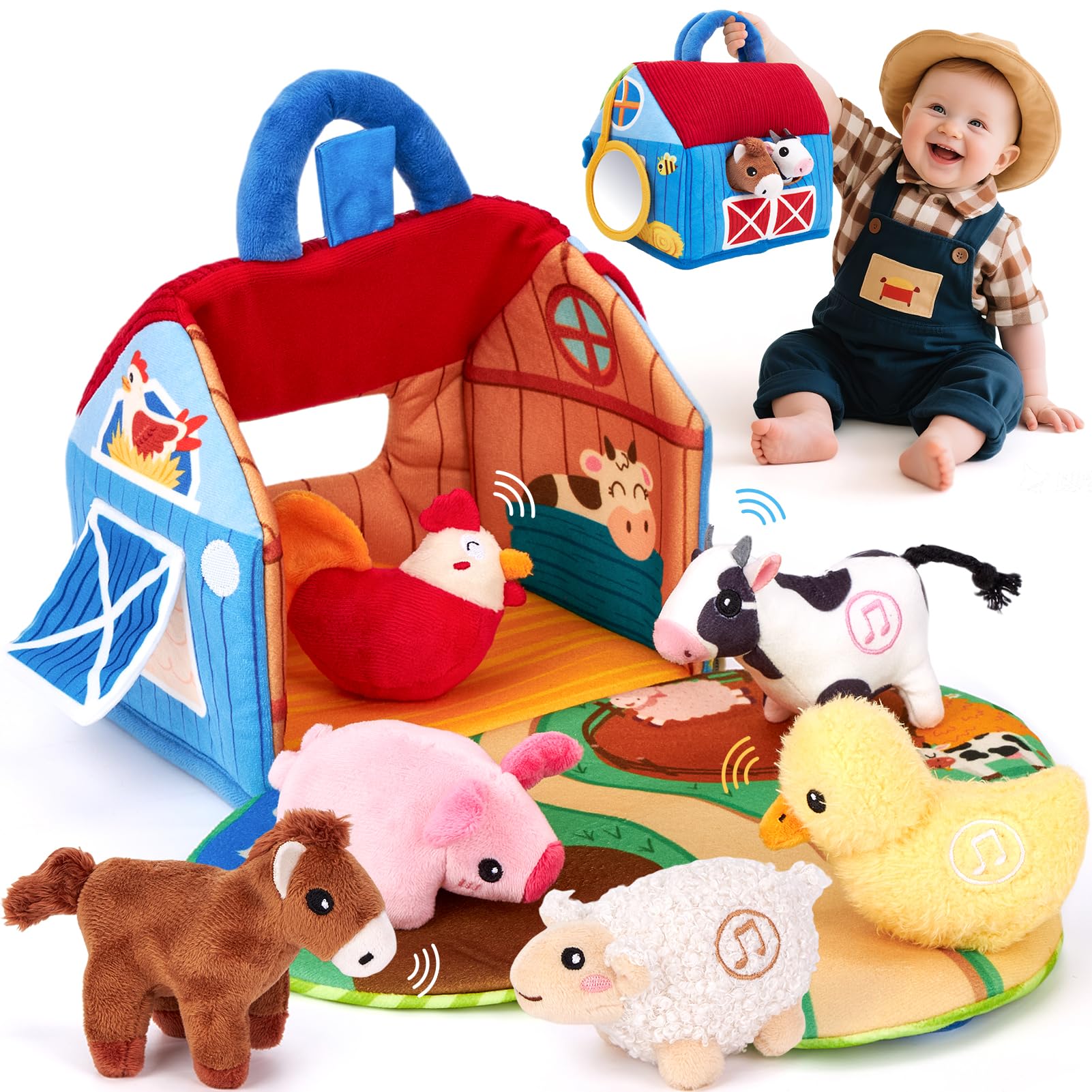 hahaland vista frontal del empaque mostrando la granja portátil y peluches, práctico para regalar