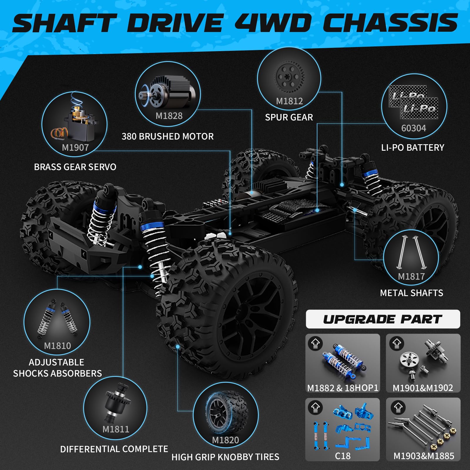 HAIBOXING 18859 detalle del motor RC 380 y transmisión, indica potencia y tracción 4WD