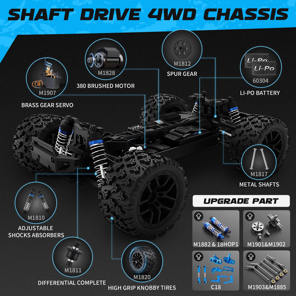 HAIBOXING 18859 detalle del motor RC 380 y transmisión, indica potencia y tracción 4WD