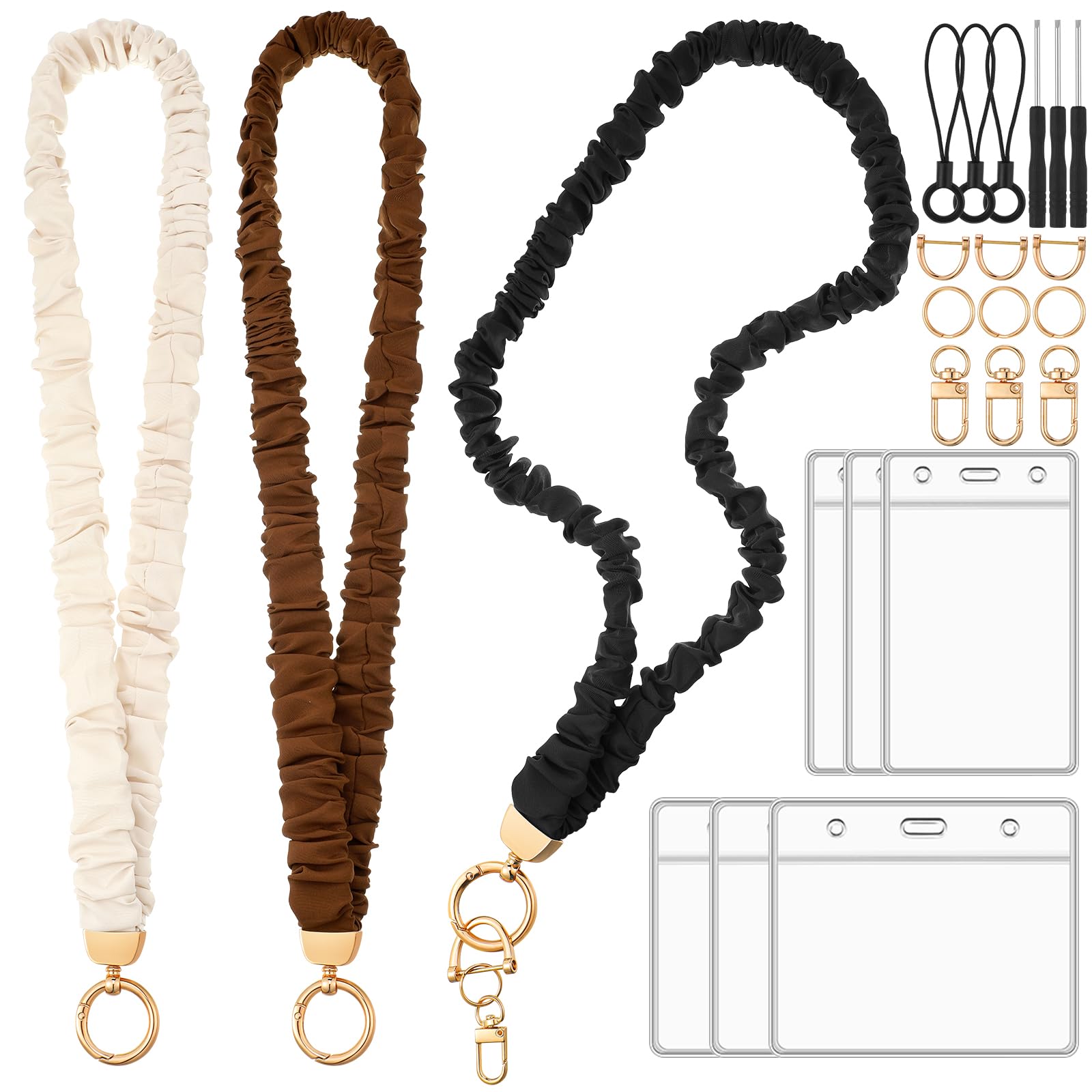 HairChrysm vista frontal del empaque mostrando los tres lanyards y fundas