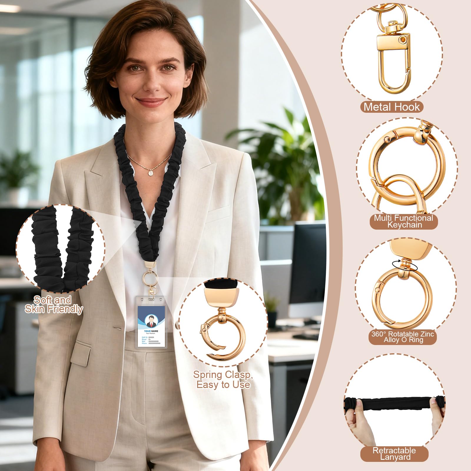 HairChrysm lanyard puesto al cuello demostrando comodidad y movilidad