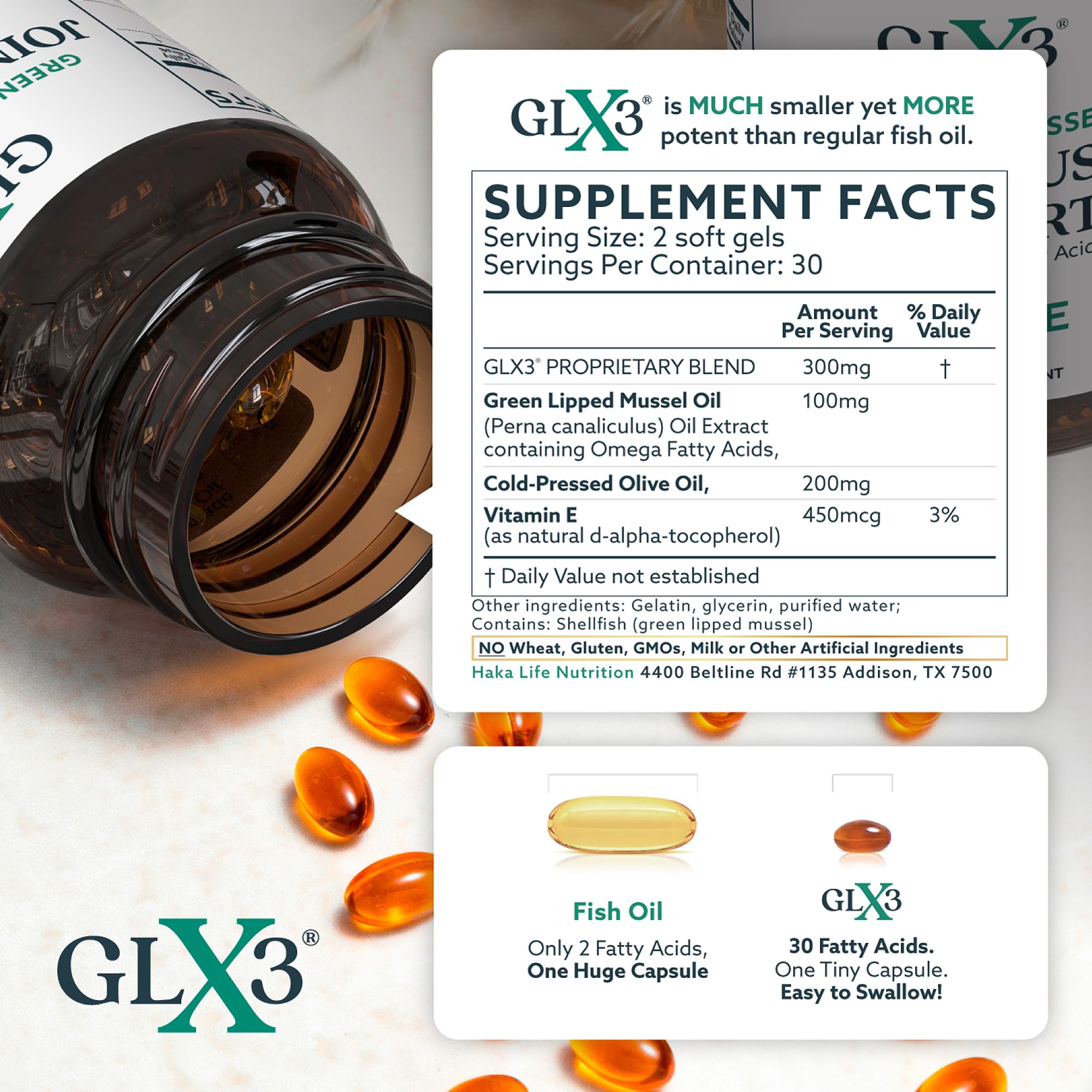 HAKA Life GLX3 etiqueta con origen NZ y lista de ingredientes naturales