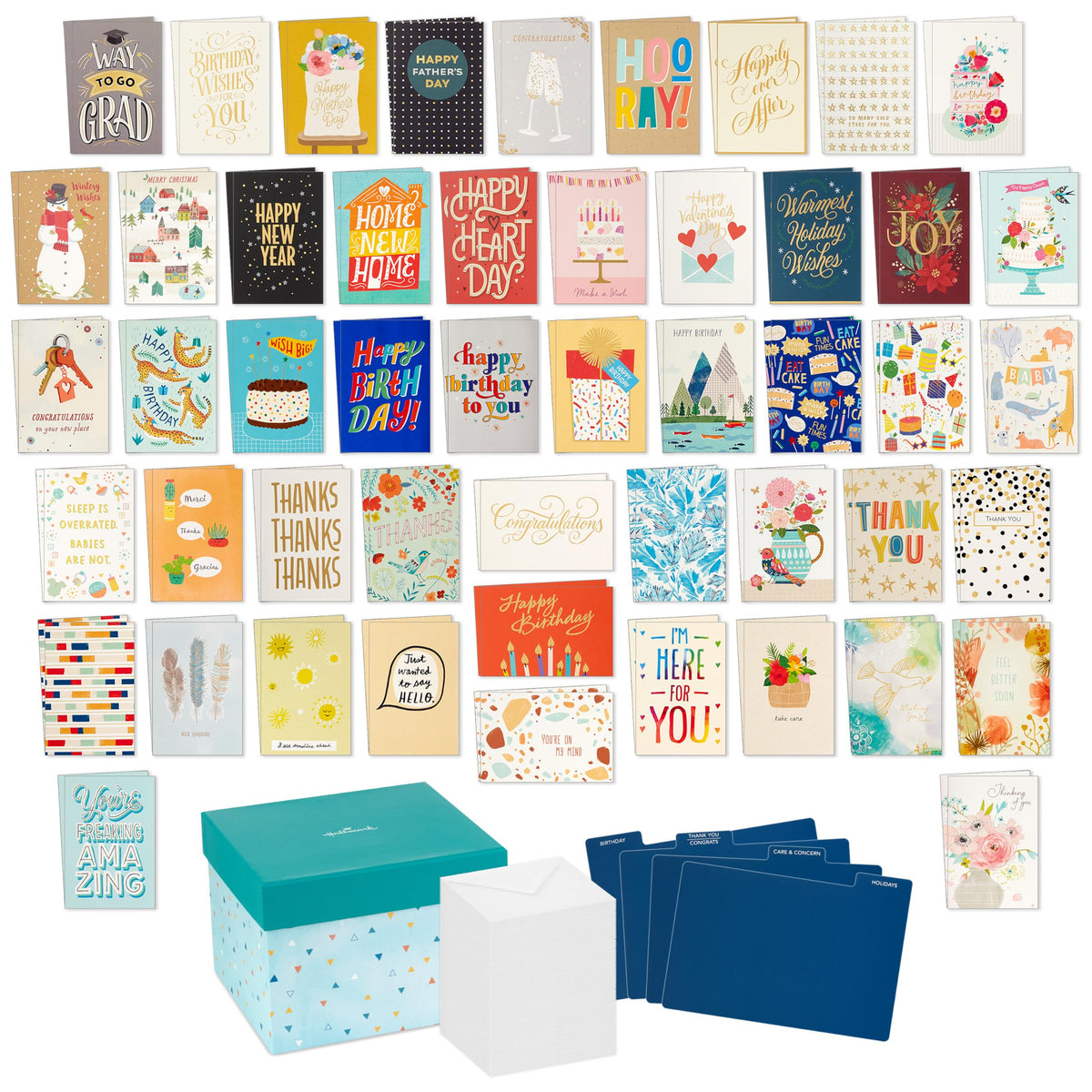 Hallmark vista frontal de la caja de 100 tarjetas con organizador, ideal para almacenamiento